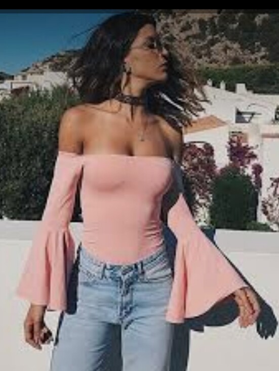Tops - Pink Bodysuit Off The Shoulder Bell Sleeve All In One Small